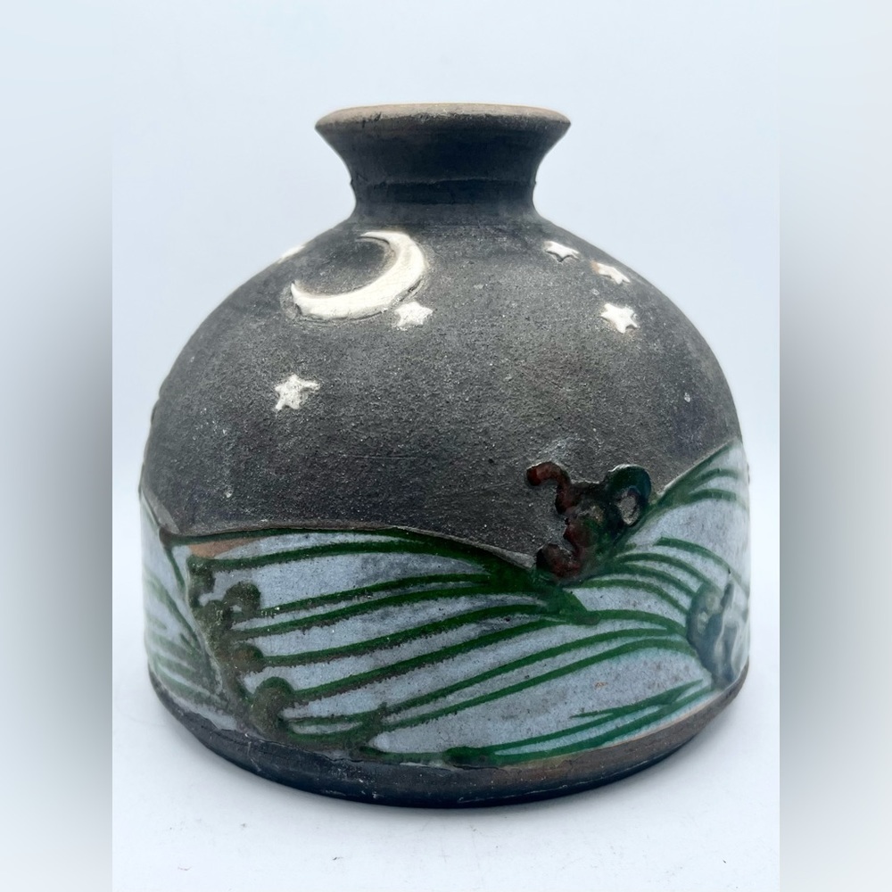 Signed Studio Art Pottery Stars Moon Night Vase Vintage Hand Painted 1994 4.5” T